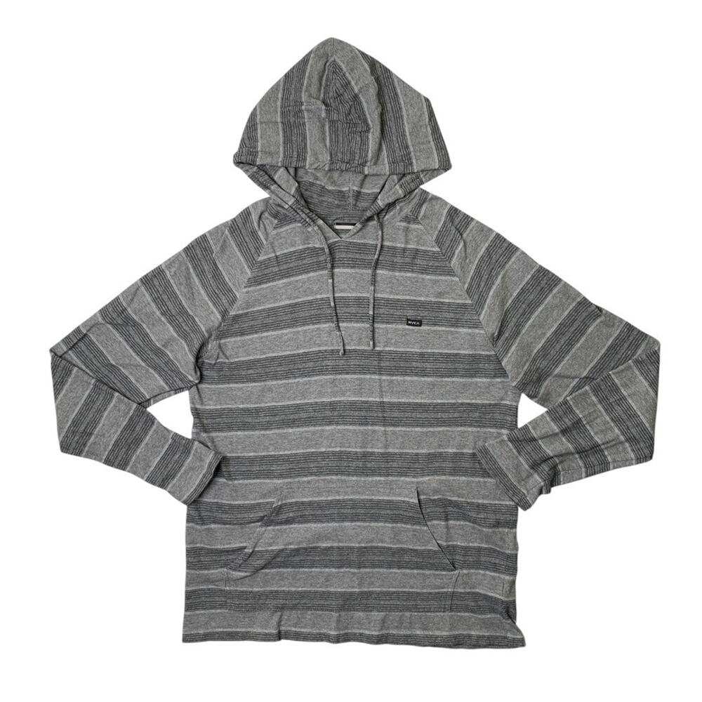 RVCA Hoodie Mens L Large Grey Cotton Striped Lightweight Pullover Sweatshirt